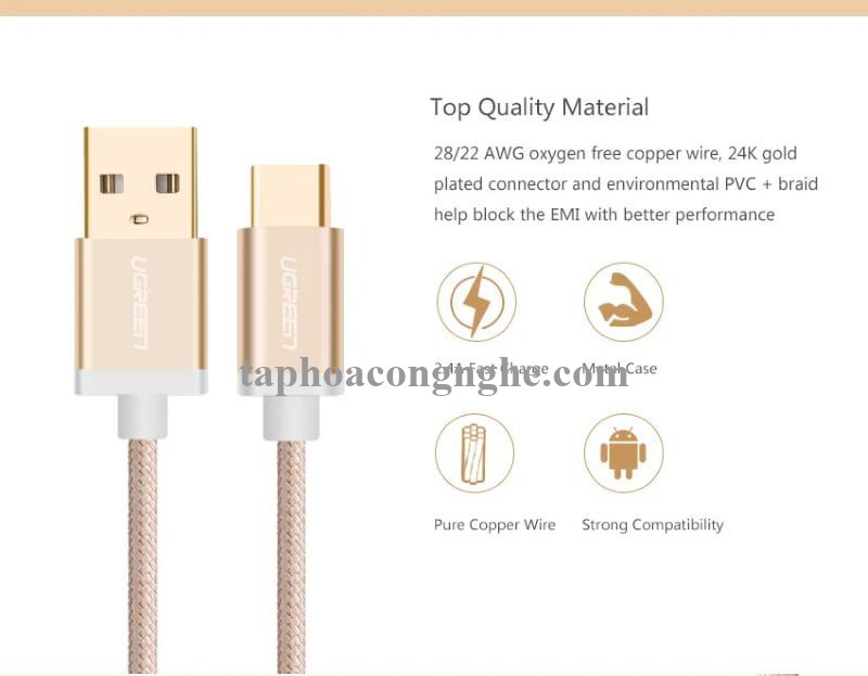 Ugreen 20863 3M màu Vàng Dây USB 2.0 sang Type-C đầu nhôm dây bọc vinyl US174 30020863